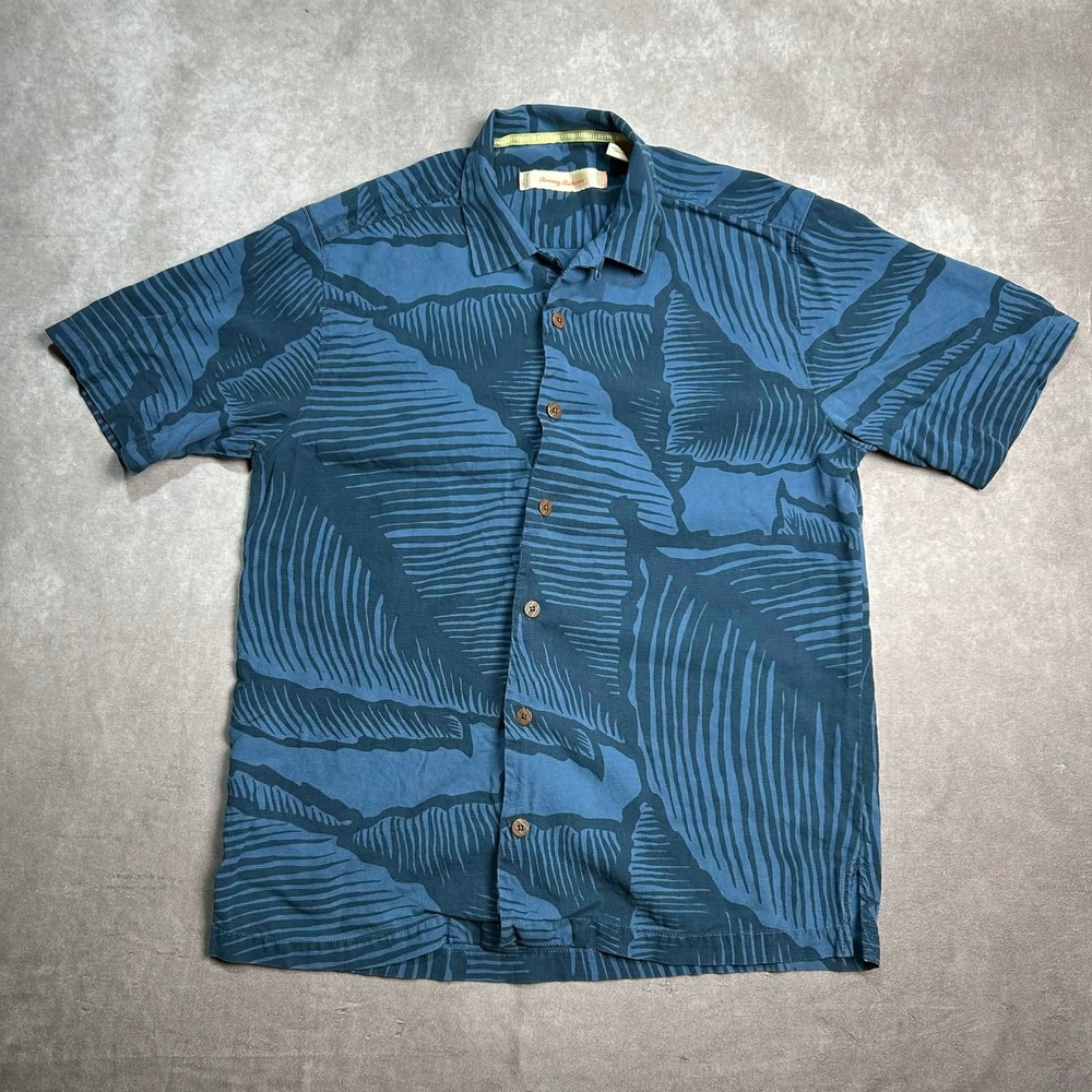 Tommy Bahama Mens Small Blue 100% Silk Palm Leaf Print Short Sleeve Camp Shirt